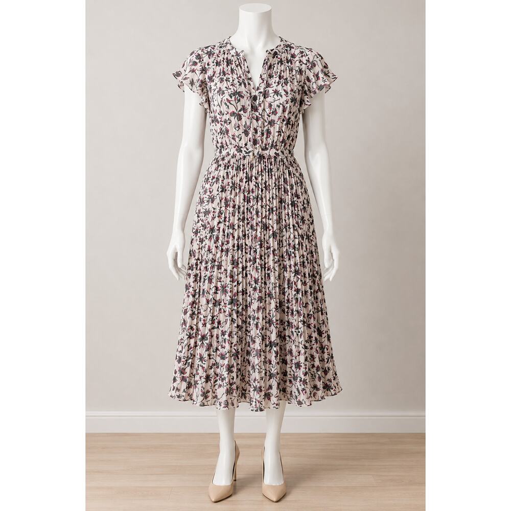 Club Monaco Floral Pleated Midi Dress Women’s Size 6 Pink Tie Neck